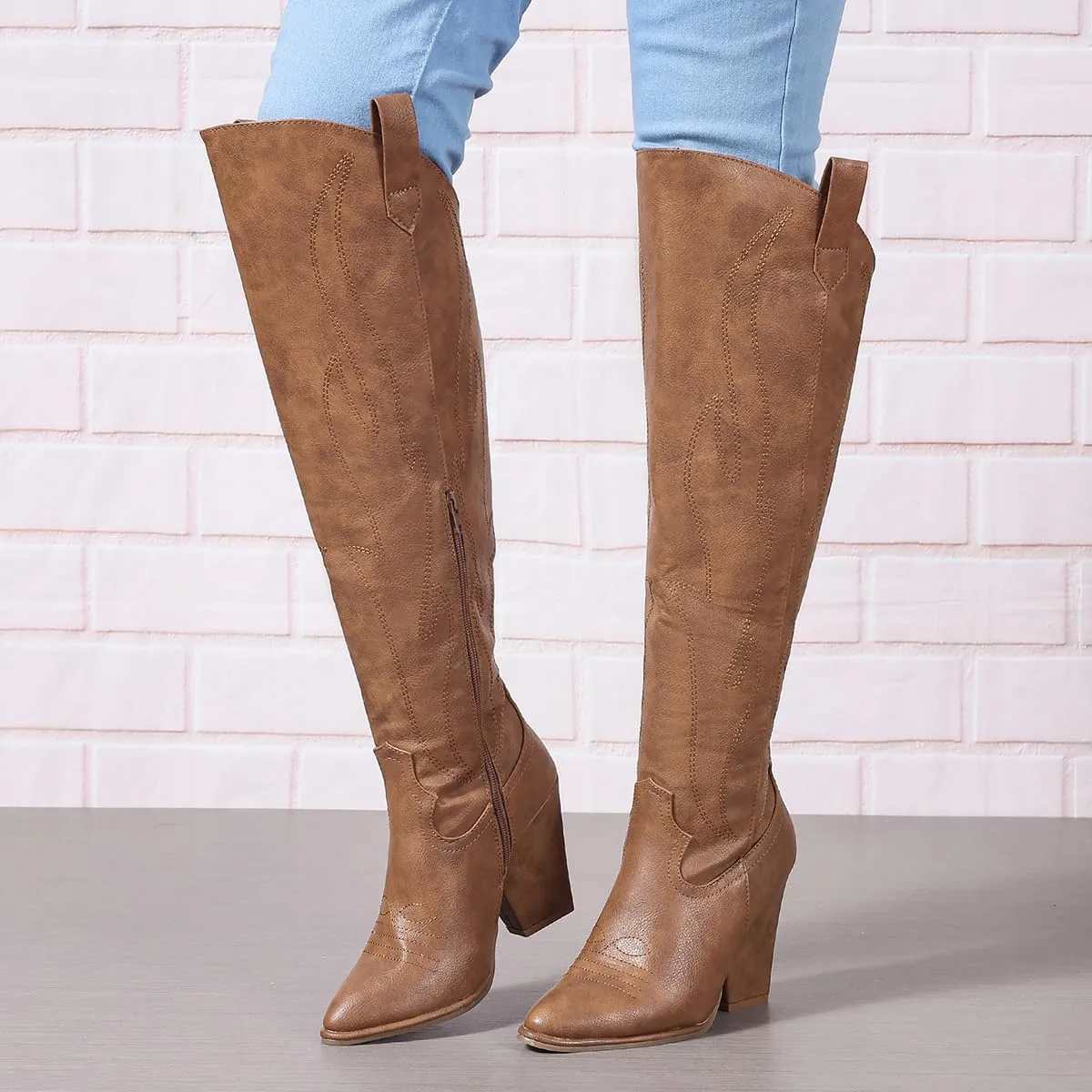 Cowboy Boots for Women Knee High Western Cowgirl Boots Chunky Heel Pointed Toe Side Zipper Tall Boot for Women Ladies