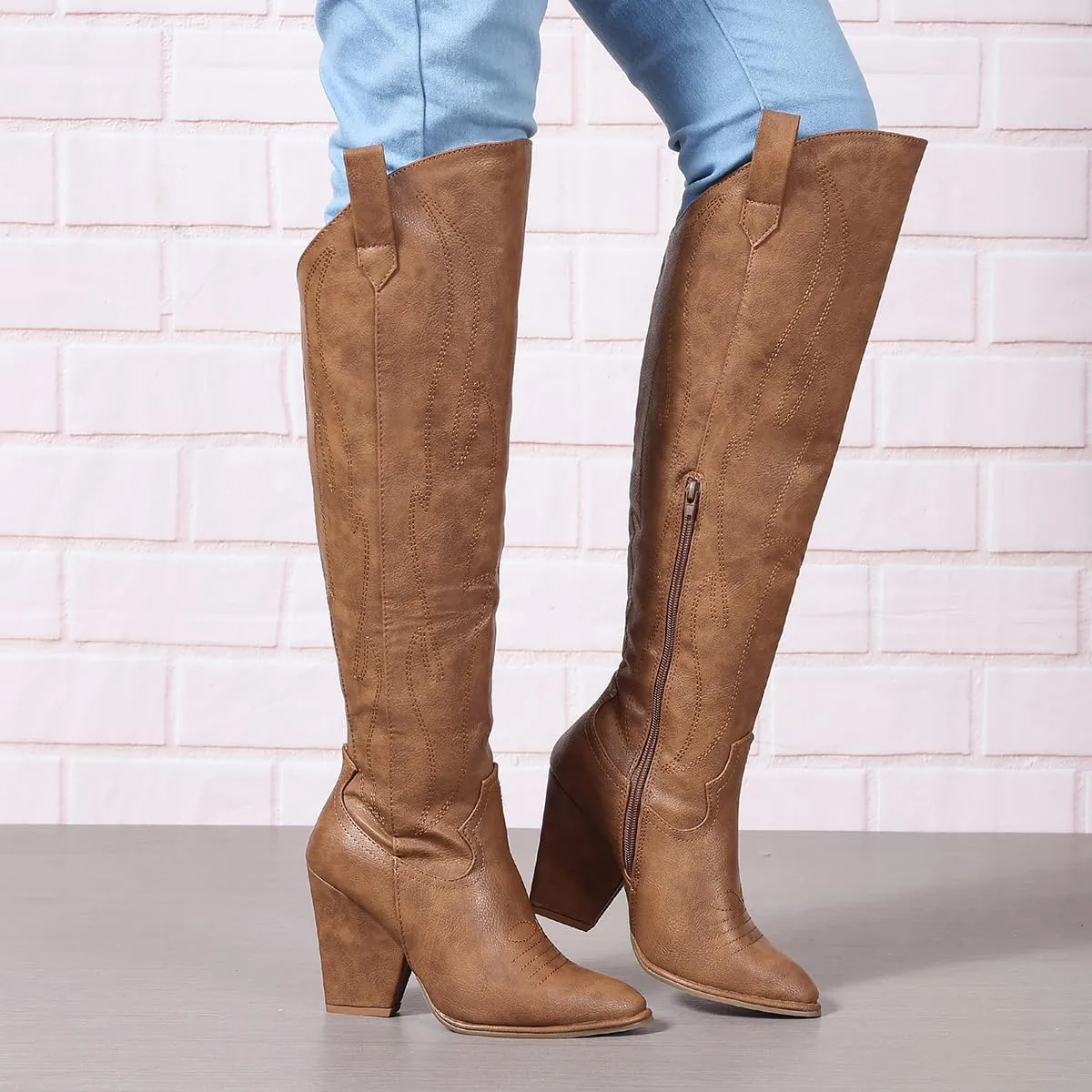 Cowboy Boots for Women Knee High Western Cowgirl Boots Chunky Heel Pointed Toe Side Zipper Tall Boot for Women Ladies