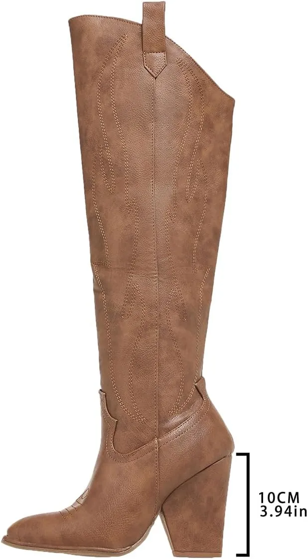 Cowboy Boots for Women Knee High Western Cowgirl Boots Chunky Heel Pointed Toe Side Zipper Tall Boot for Women Ladies