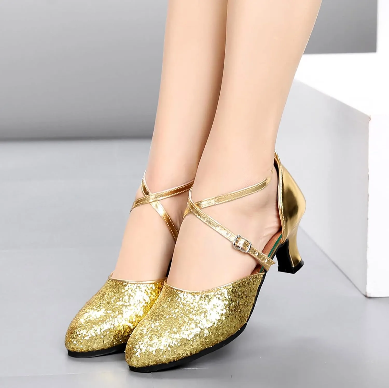 CsgrFagr Women Rhinestone Ballroom Dance Shoes Latin Salsa Performance Dance Shoes Denim Sandals for Women Size 10 (Gold, 9)