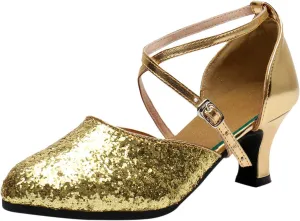 CsgrFagr Women Rhinestone Ballroom Dance Shoes Latin Salsa Performance Dance Shoes Denim Sandals for Women Size 10 (Gold, 9)