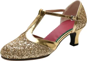 CsgrFagr Women Rhinestone Ballroom Dance Shoes Latin Salsa Performance Dance Shoes Slide Sandals Women Adjustable (Gold, 8.5)