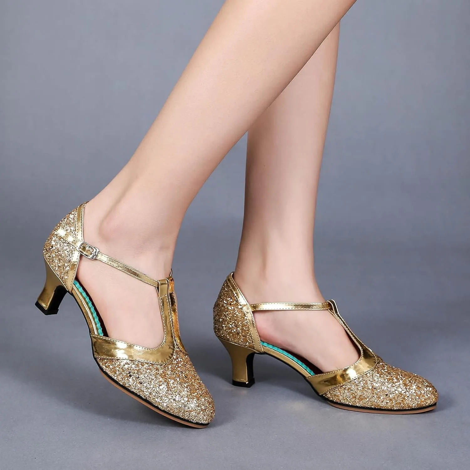 CsgrFagr Women Rhinestone Ballroom Dance Shoes Latin Salsa Performance Dance Shoes Slide Sandals Women Adjustable (Gold, 8.5)