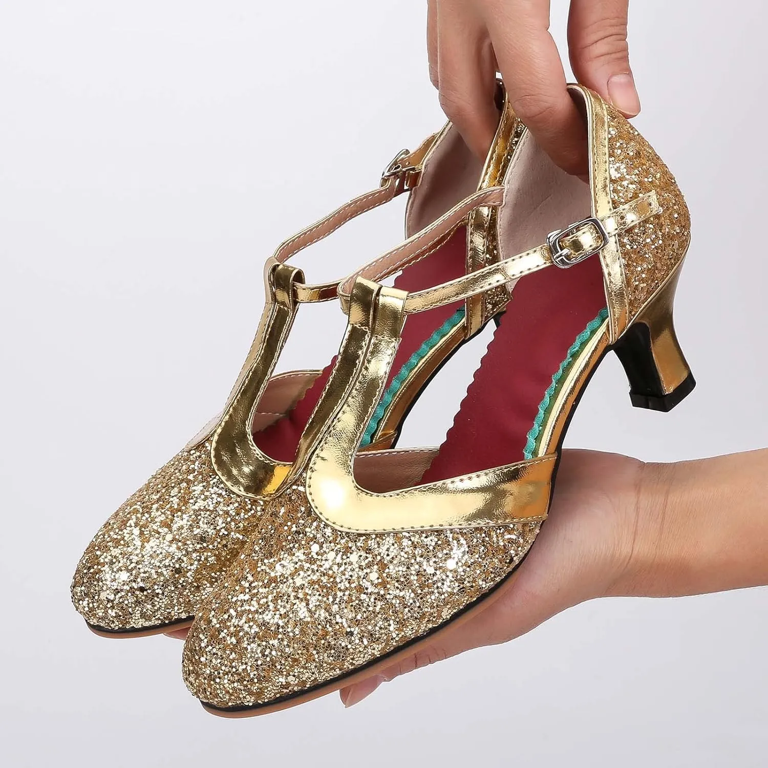 CsgrFagr Women Rhinestone Ballroom Dance Shoes Latin Salsa Performance Dance Shoes Slide Sandals Women Adjustable (Gold, 8.5)