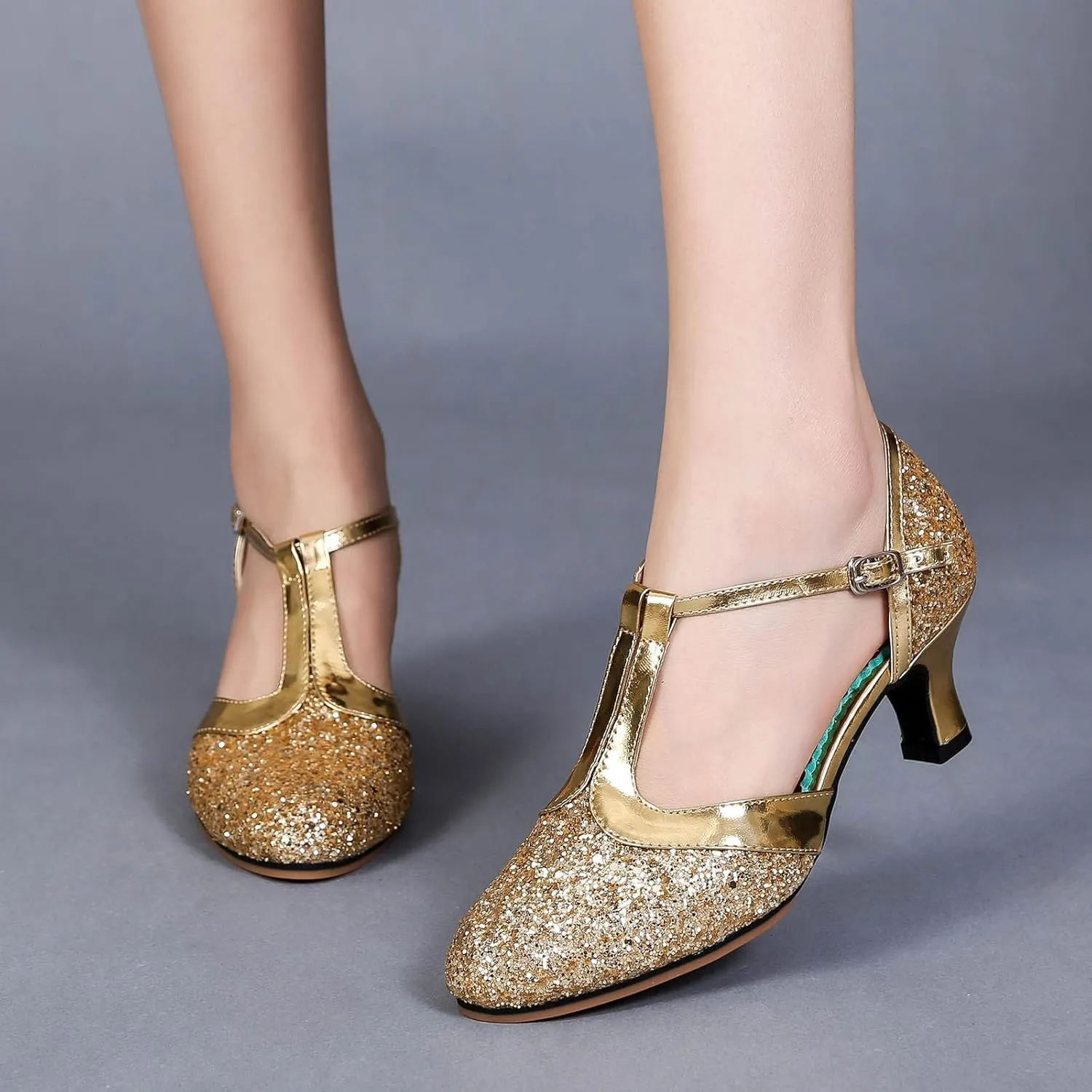 CsgrFagr Women Rhinestone Ballroom Dance Shoes Latin Salsa Performance Dance Shoes Slide Sandals Women Adjustable (Gold, 8.5)