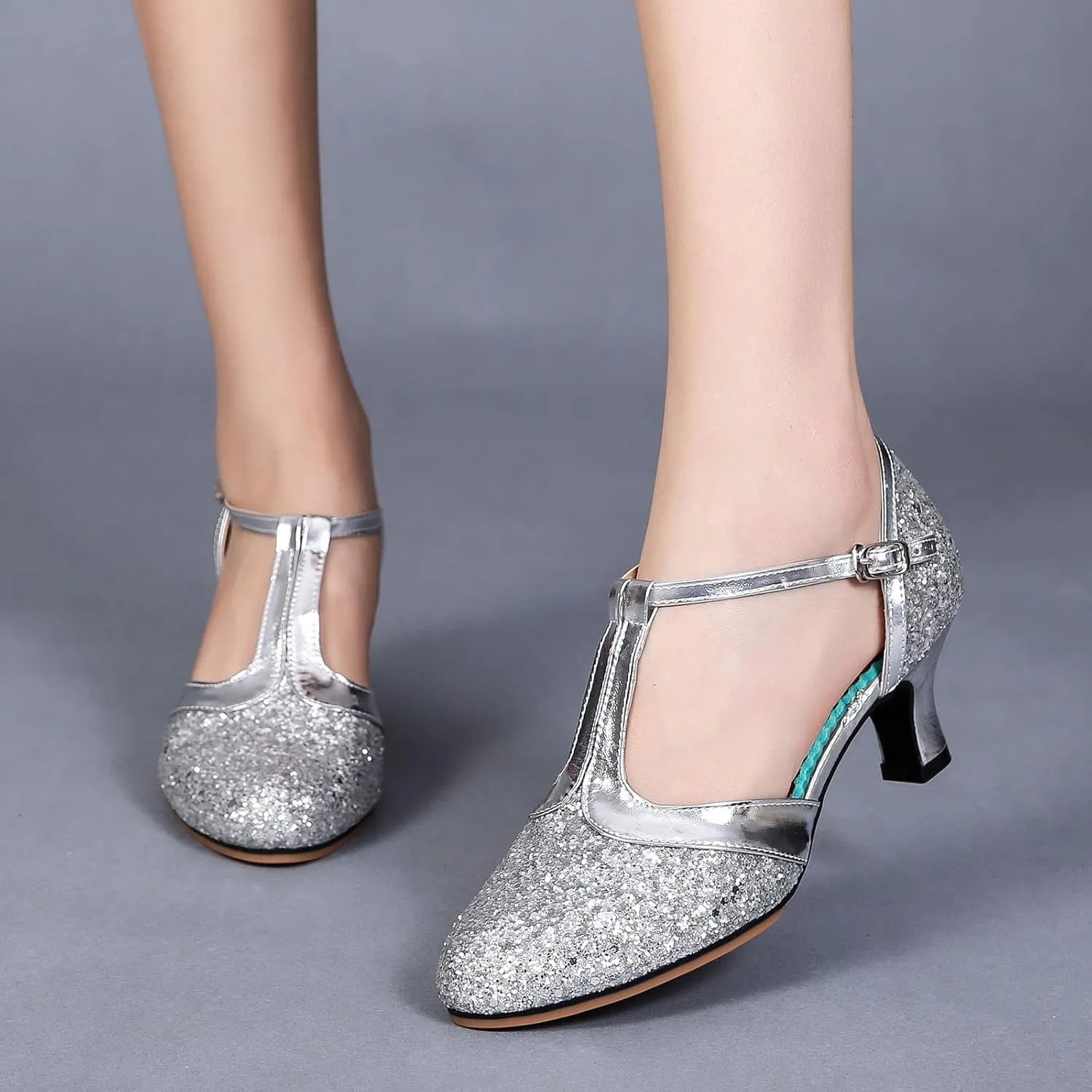 CsgrFagr Women Rhinestone Ballroom Dance Shoes Latin Salsa Performance Dance Shoes Slide Sandals Women Adjustable (Silver, 9)