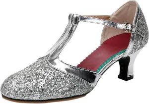 CsgrFagr Women Rhinestone Ballroom Dance Shoes Latin Salsa Performance Dance Shoes Slide Sandals Women Adjustable (Silver, 9)