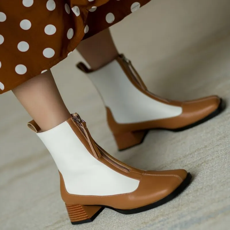 deanwangkt  fashion inspo   New Fall Shoes Women Square Toe Chunky Heel Boots Women Genuine Leather Mixed Colors Women Boots Fashion Boots Black Women Shoes