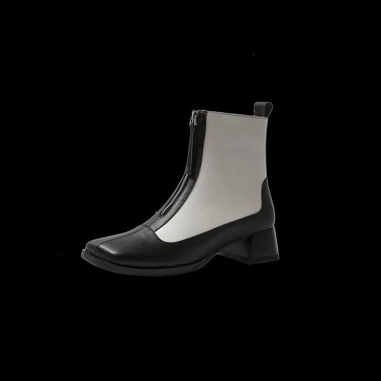 deanwangkt  fashion inspo   New Fall Shoes Women Square Toe Chunky Heel Boots Women Genuine Leather Mixed Colors Women Boots Fashion Boots Black Women Shoes