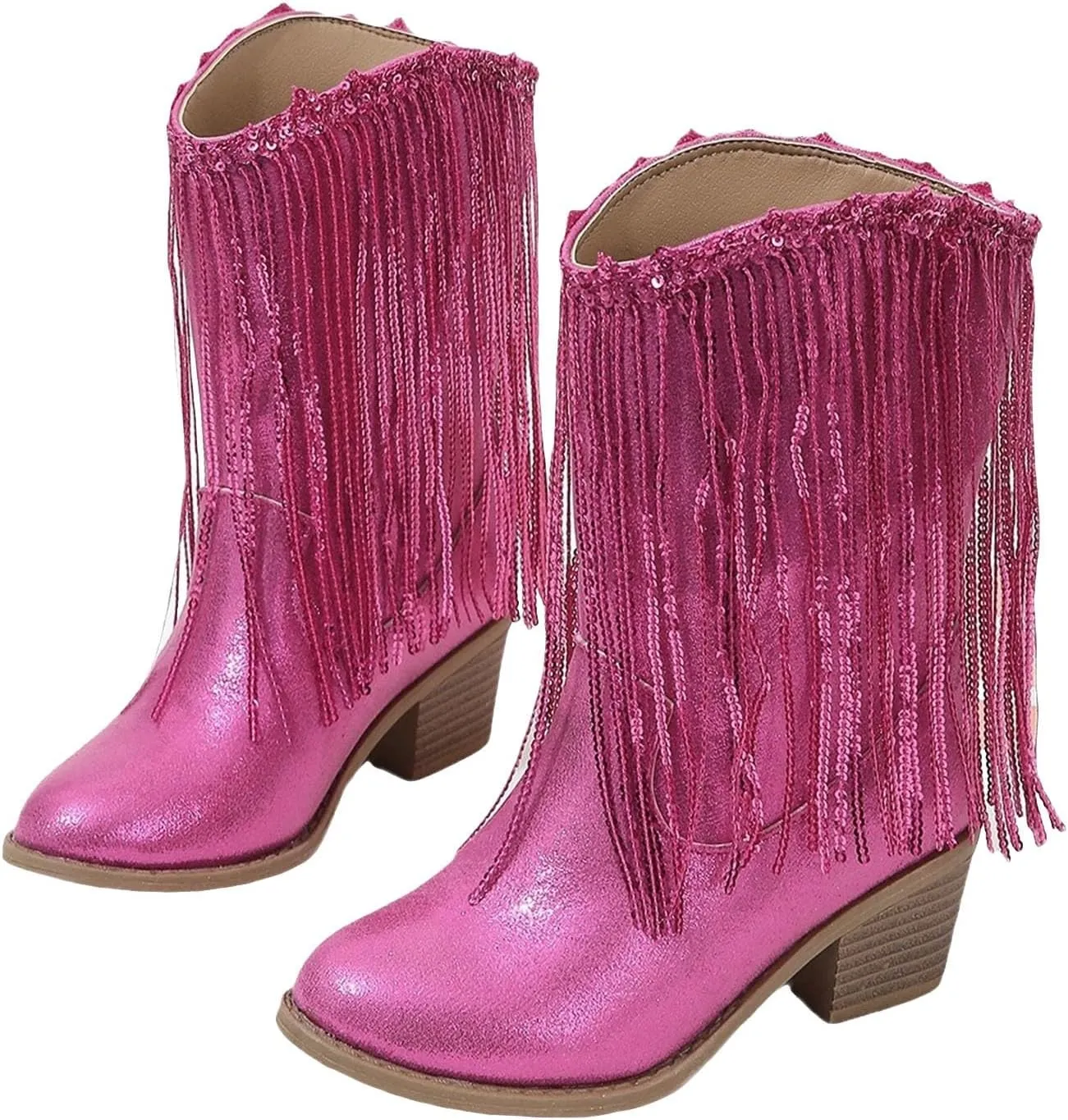 Girls Cowboy Boots Kids Glitter Mid Calf Western Cowgirl Boots Fashion Sparkly Sequins Tassel Riding Shoes with Heel