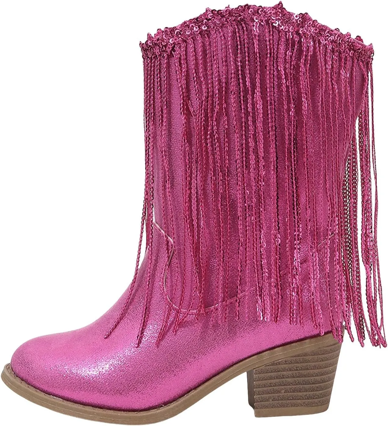 Girls Cowboy Boots Kids Glitter Mid Calf Western Cowgirl Boots Fashion Sparkly Sequins Tassel Riding Shoes with Heel