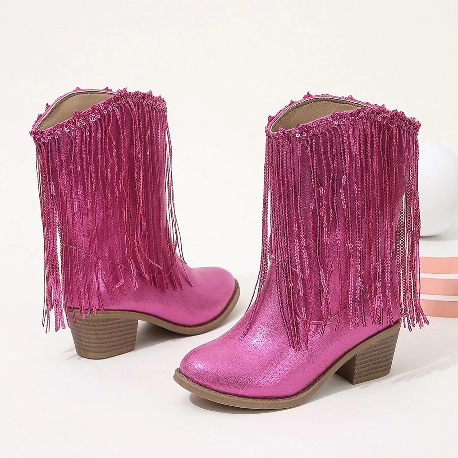 Girls Cowboy Boots Kids Glitter Mid Calf Western Cowgirl Boots Fashion Sparkly Sequins Tassel Riding Shoes with Heel