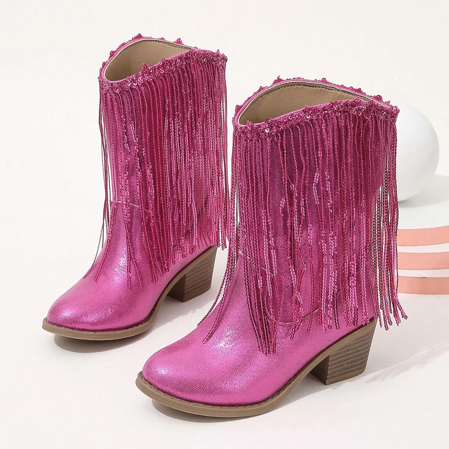 Girls Cowboy Boots Kids Glitter Mid Calf Western Cowgirl Boots Fashion Sparkly Sequins Tassel Riding Shoes with Heel