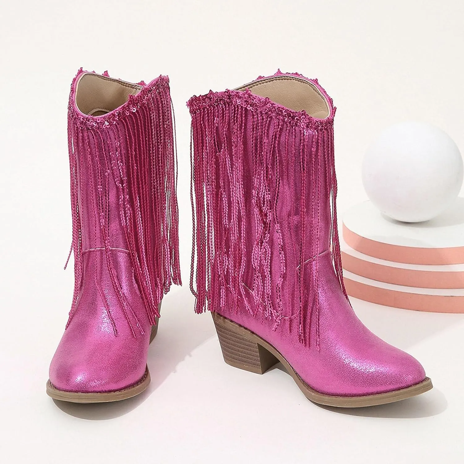 Girls Cowboy Boots Kids Glitter Mid Calf Western Cowgirl Boots Fashion Sparkly Sequins Tassel Riding Shoes with Heel