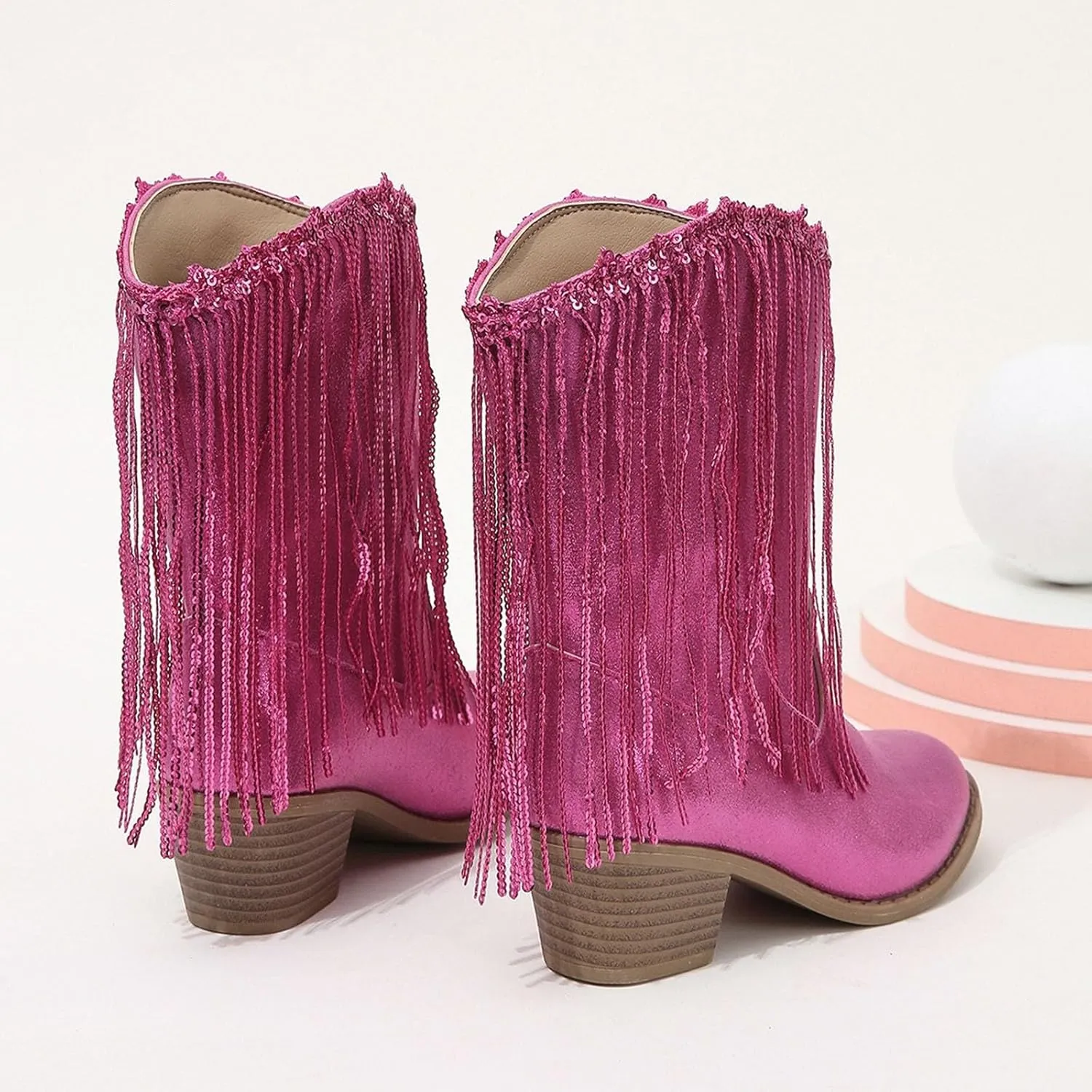 Girls Cowboy Boots Kids Glitter Mid Calf Western Cowgirl Boots Fashion Sparkly Sequins Tassel Riding Shoes with Heel