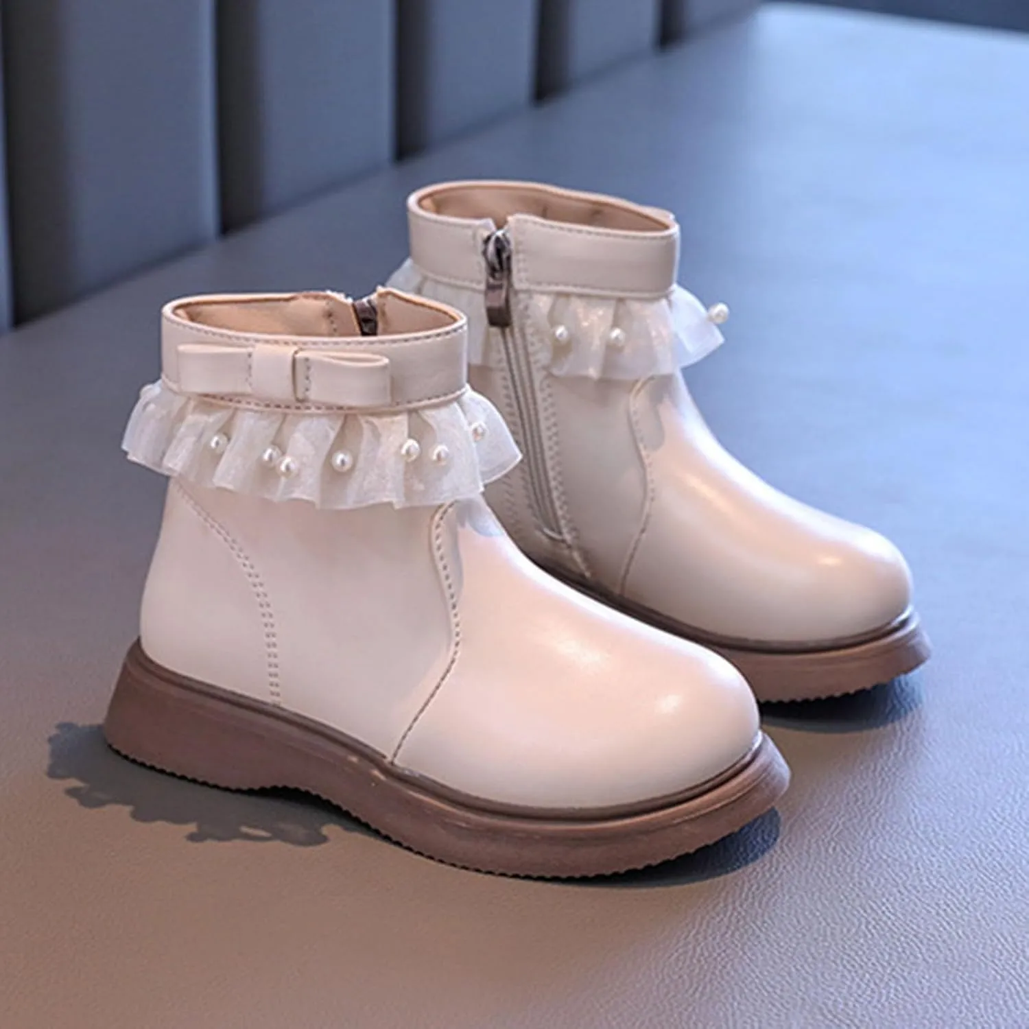 Girls Fashion Short Dress Boot with Lace Pearl Decoration Solid Soft Sole Classic Non Slip Shoes with Side Zipper