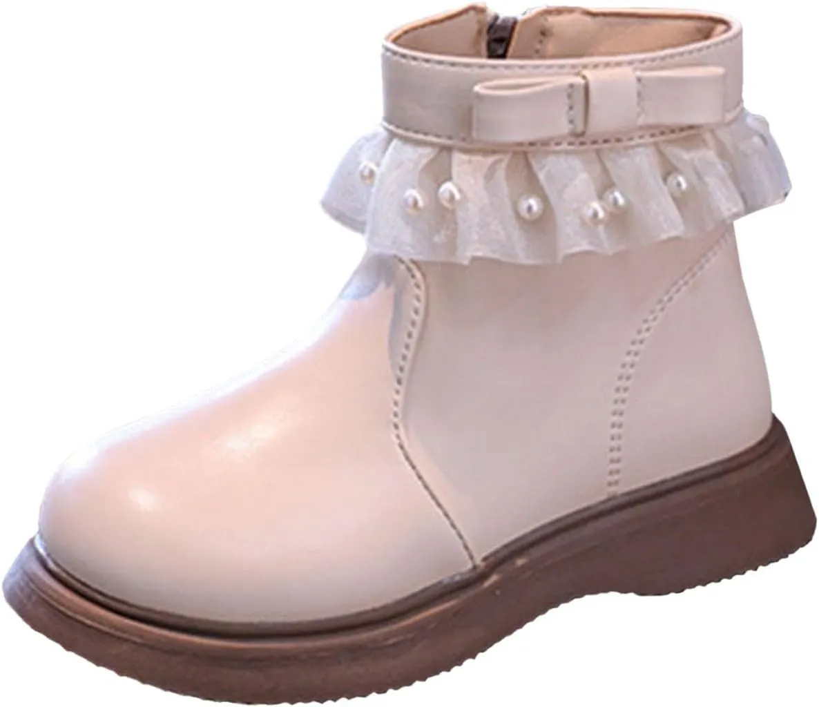 Girls Fashion Short Dress Boot with Lace Pearl Decoration Solid Soft Sole Classic Non Slip Shoes with Side Zipper
