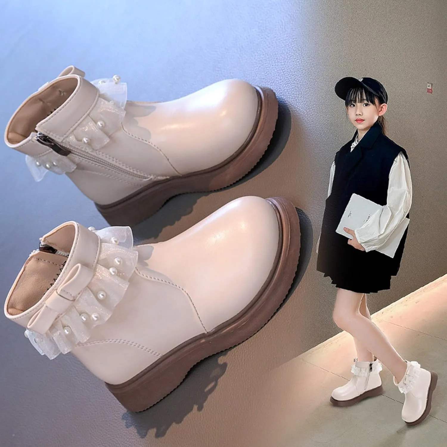 Girls Fashion Short Dress Boot with Lace Pearl Decoration Solid Soft Sole Classic Non Slip Shoes with Side Zipper