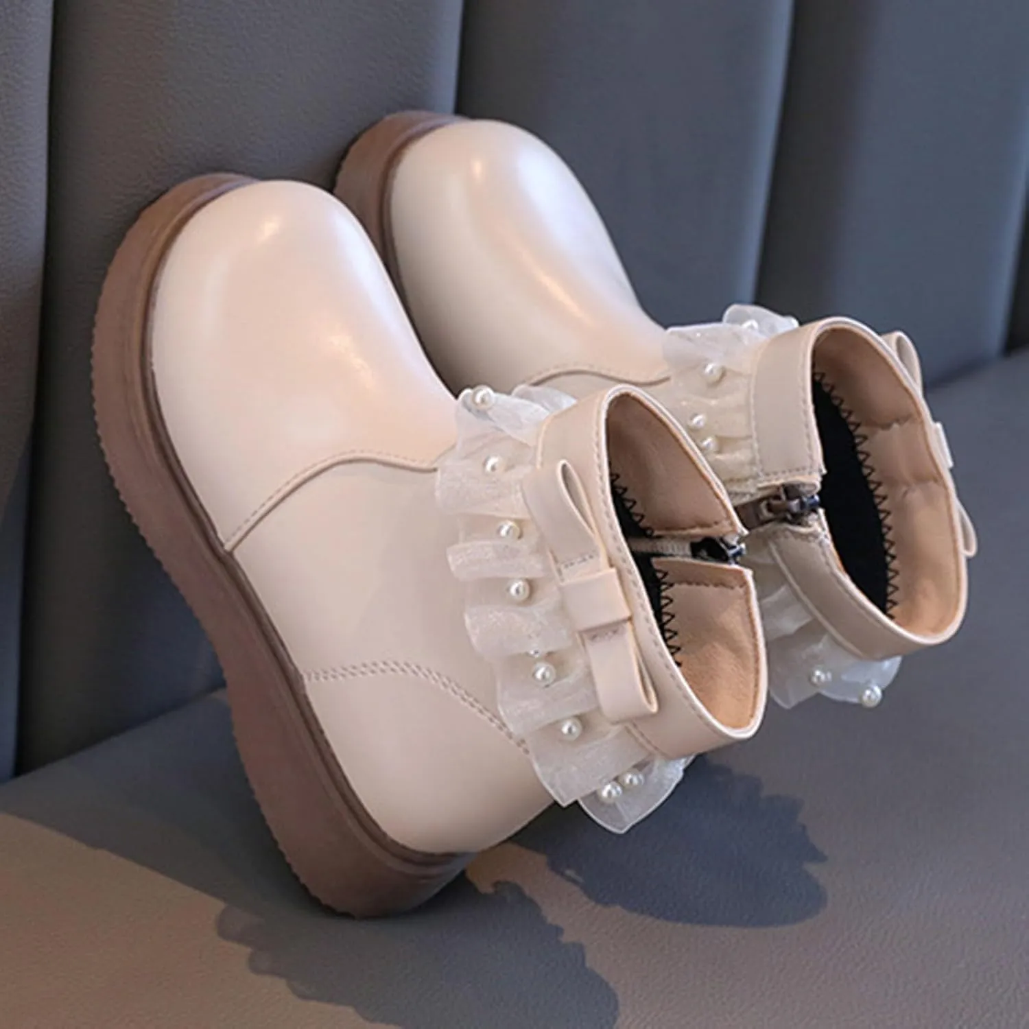 Girls Fashion Short Dress Boot with Lace Pearl Decoration Solid Soft Sole Classic Non Slip Shoes with Side Zipper