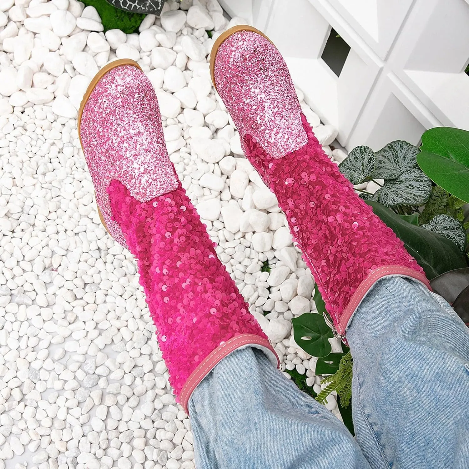 Girls Kids hinestone Mid Calf Riding Boots Sequin Fleece Plush Chunky Comfort Warm Lined Outdoor Casual Shoes