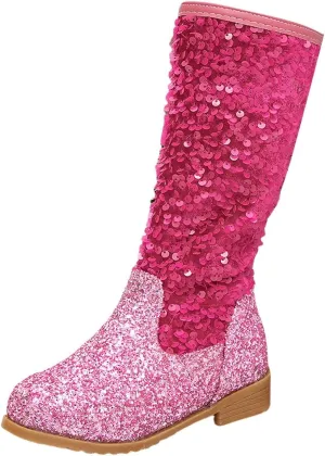 Girls Kids hinestone Mid Calf Riding Boots Sequin Fleece Plush Chunky Comfort Warm Lined Outdoor Casual Shoes