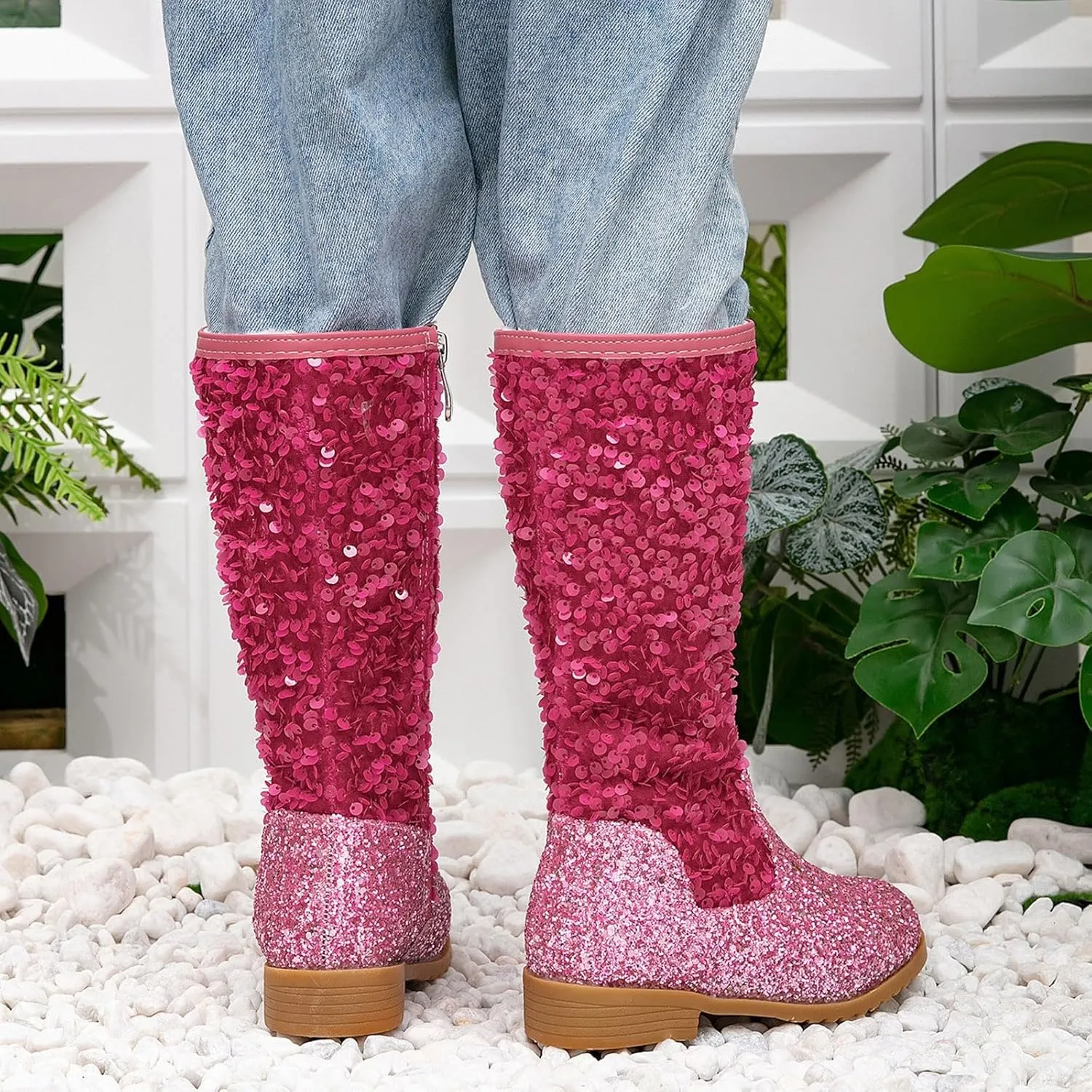 Girls Kids hinestone Mid Calf Riding Boots Sequin Fleece Plush Chunky Comfort Warm Lined Outdoor Casual Shoes