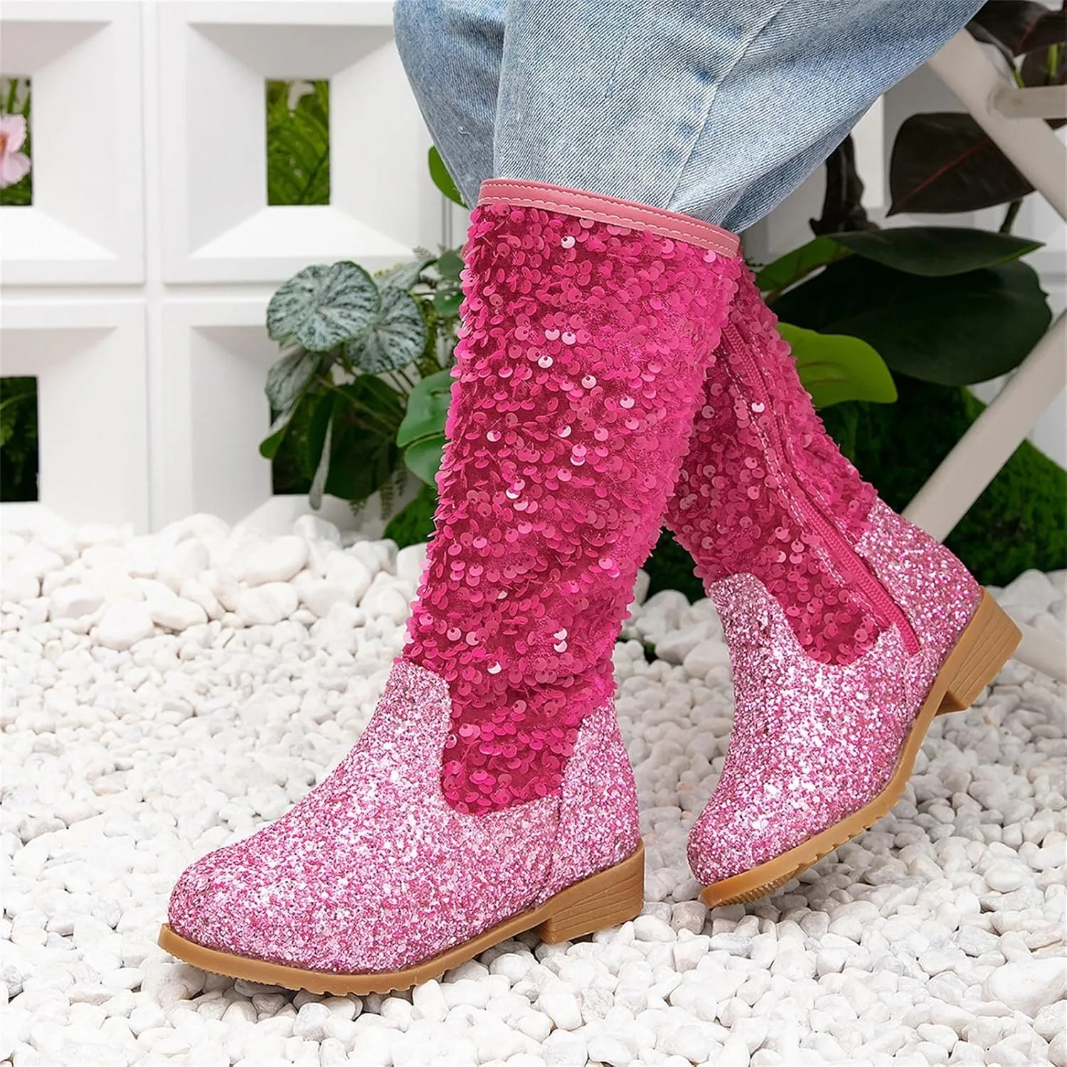 Girls Kids hinestone Mid Calf Riding Boots Sequin Fleece Plush Chunky Comfort Warm Lined Outdoor Casual Shoes