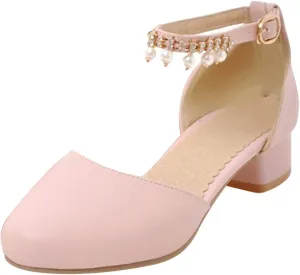 Girls Mary Jane Dress Shoes Pumps Low Heels Flower Party High School Prom Sandals Shining Lightweight Princess Soft Summer Sandals