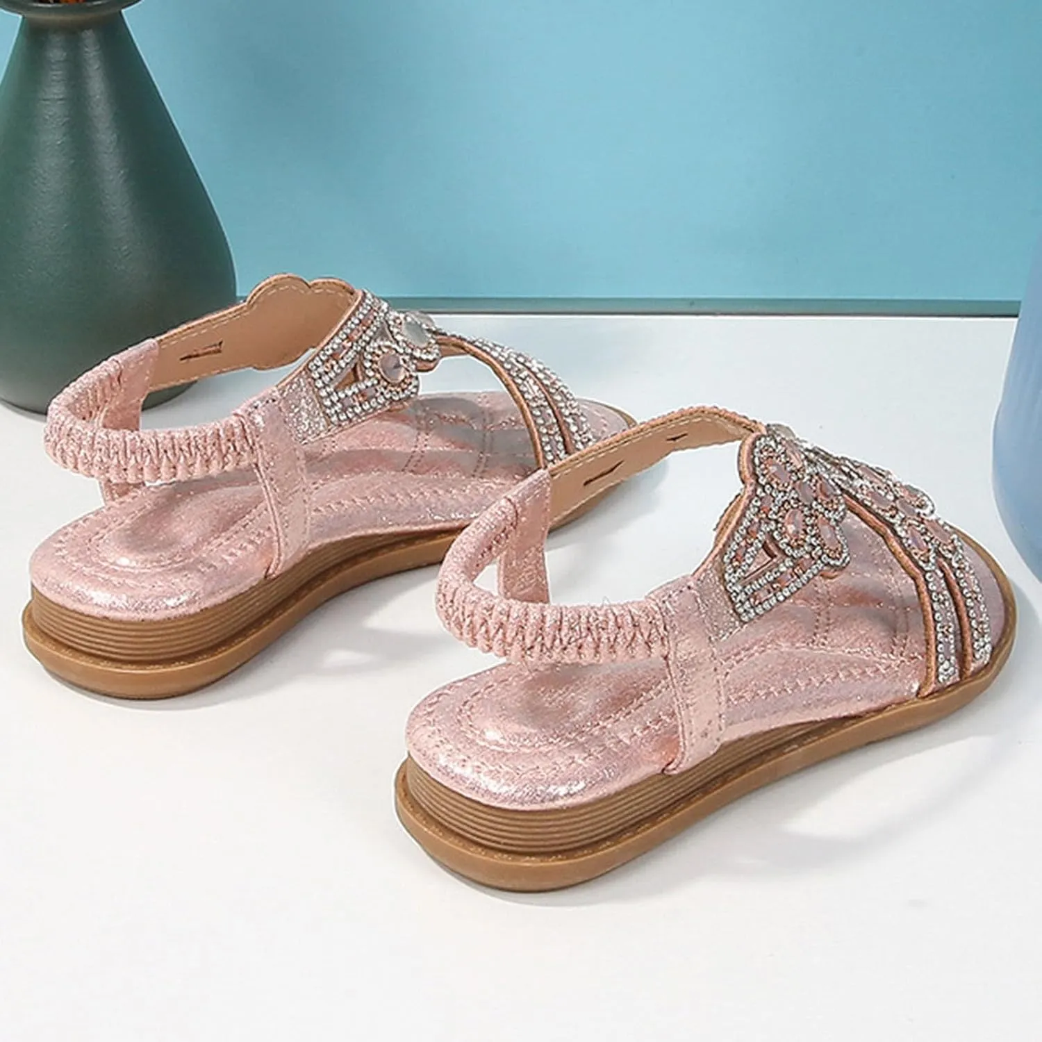 Girls Sandals for Big Kid Girls Glitter Beach Shoes Shoes Flat Summer Glitter Boho Comfortable Sandals With Rhinestones