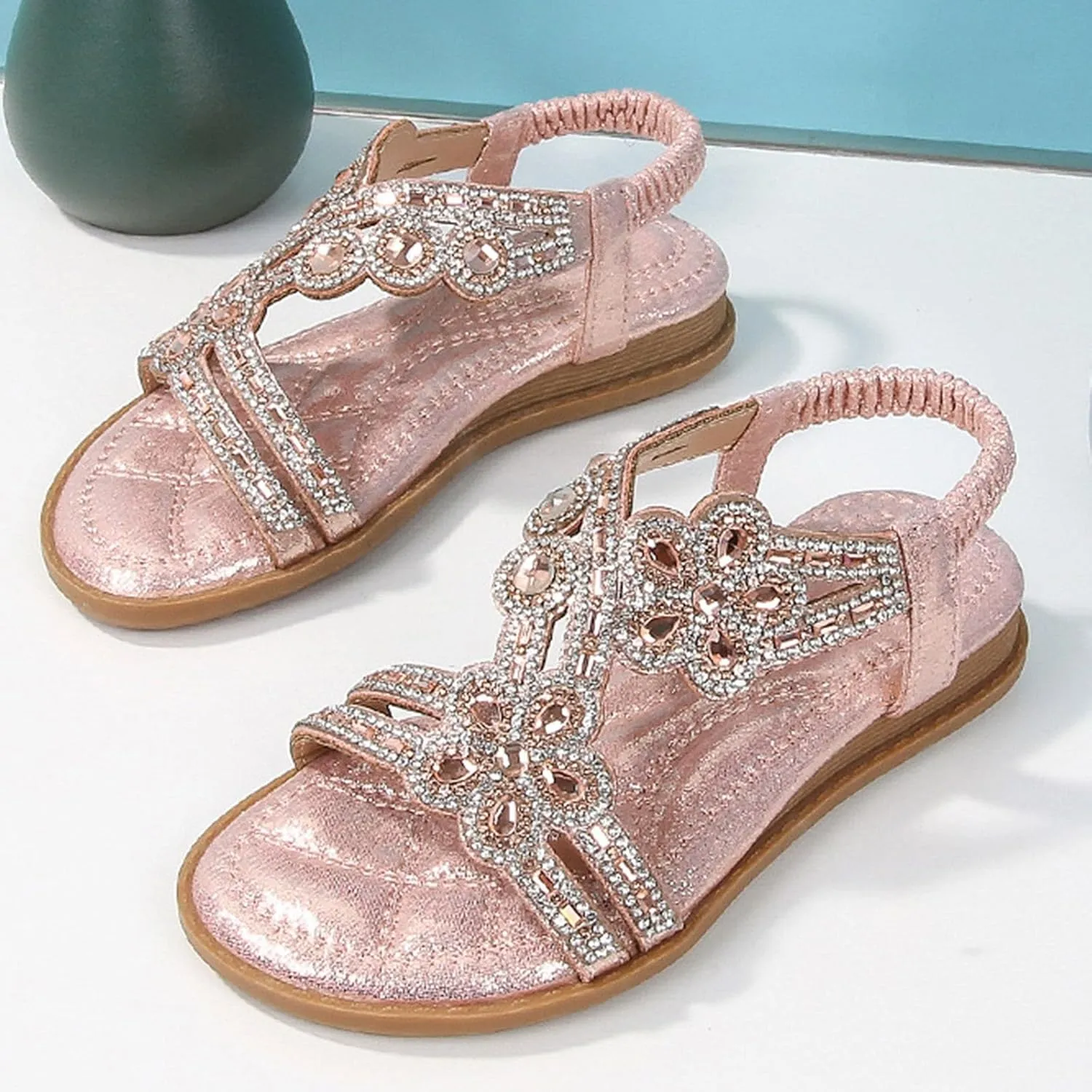 Girls Sandals for Big Kid Girls Glitter Beach Shoes Shoes Flat Summer Glitter Boho Comfortable Sandals With Rhinestones