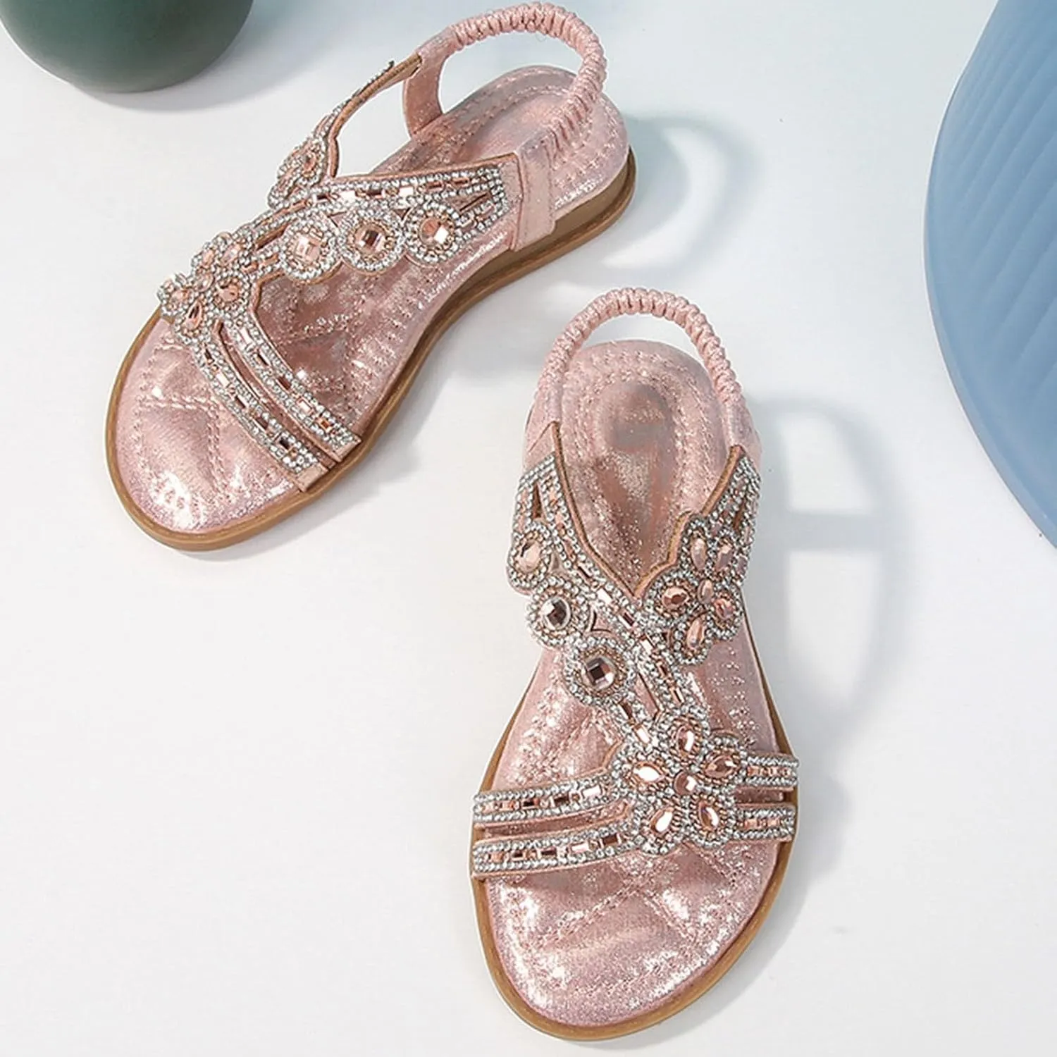 Girls Sandals for Big Kid Girls Glitter Beach Shoes Shoes Flat Summer Glitter Boho Comfortable Sandals With Rhinestones