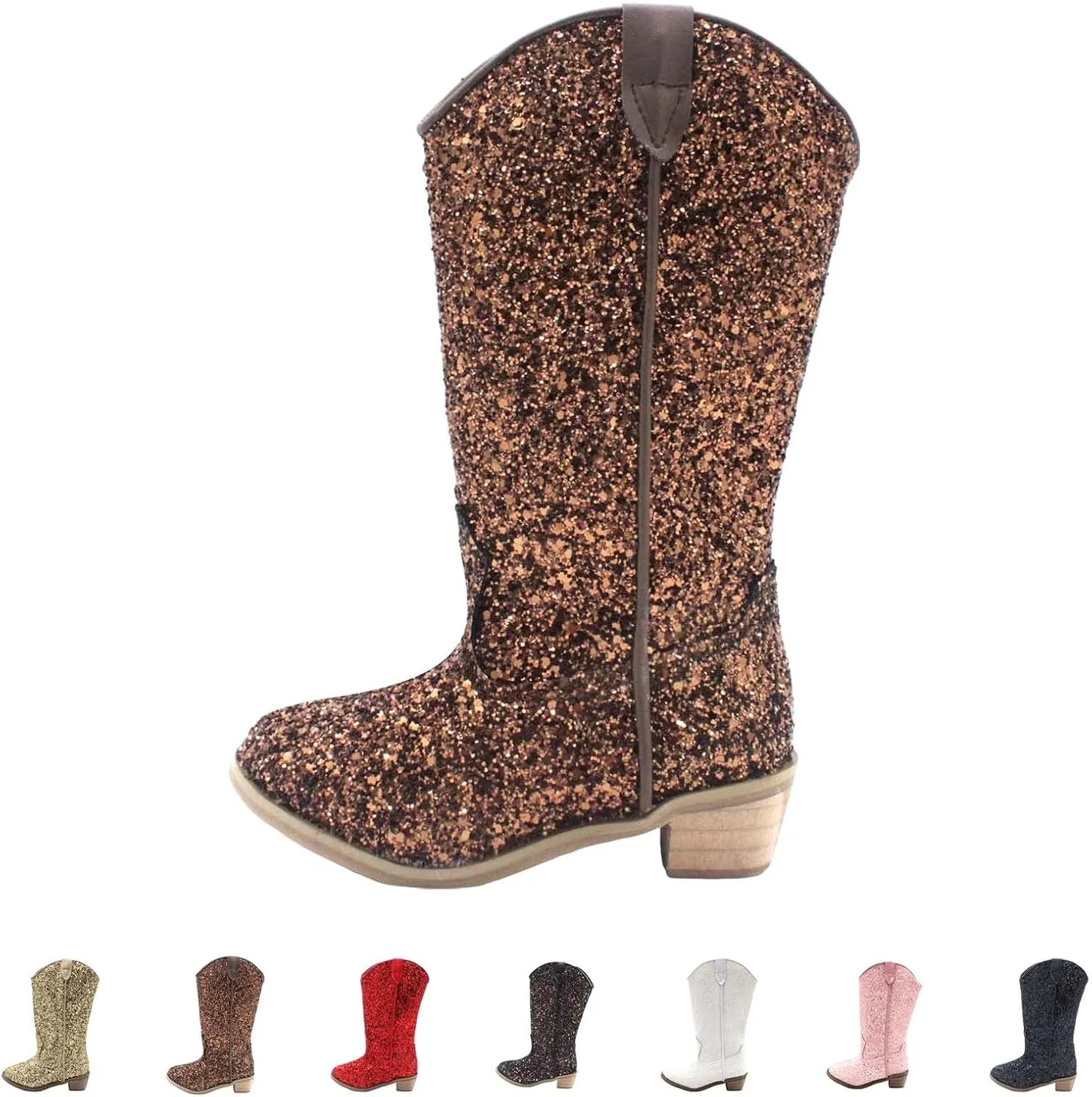 Girls Sequin Sparkly Cowboy Boots Kids hinestone Glitter Low Heel Wedding Dress Booties Western Pointed Toe Shoes