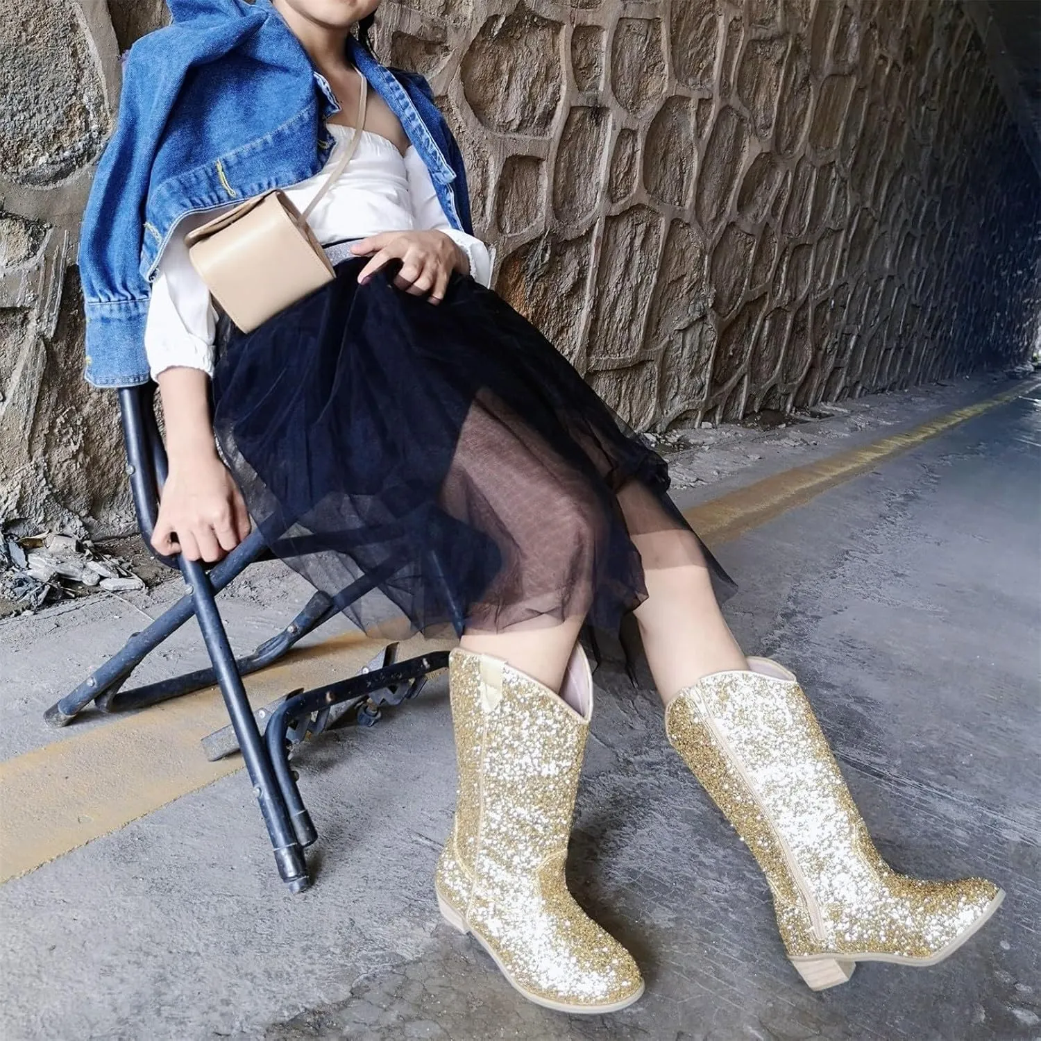 Girls Sequin Sparkly Cowboy Boots Kids hinestone Glitter Low Heel Wedding Dress Booties Western Toddler Shoes Winter