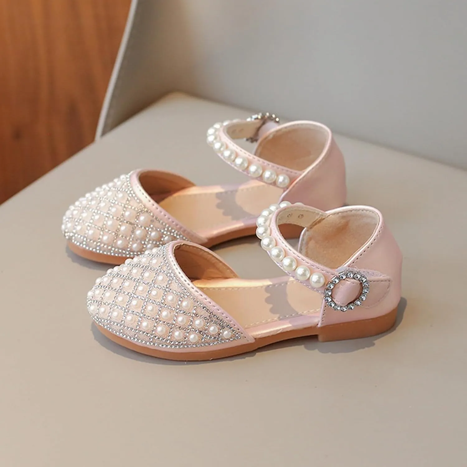 Girls Wedding Party Pearls Dress Sandals Kids Princess Low Heel Mary Jane Ankle Buckle Strap Formal Dressing Shoes
