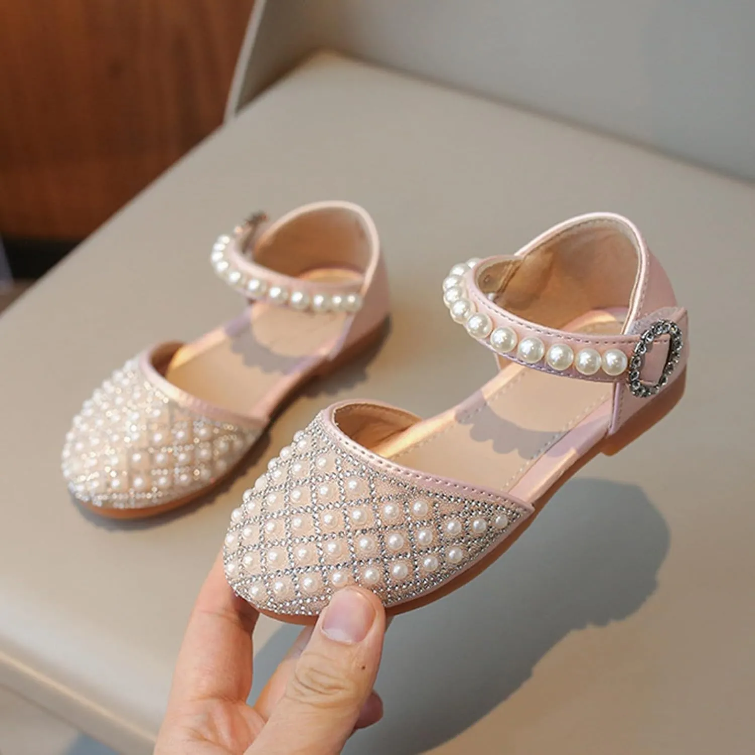 Girls Wedding Party Pearls Dress Sandals Kids Princess Low Heel Mary Jane Ankle Buckle Strap Formal Dressing Shoes