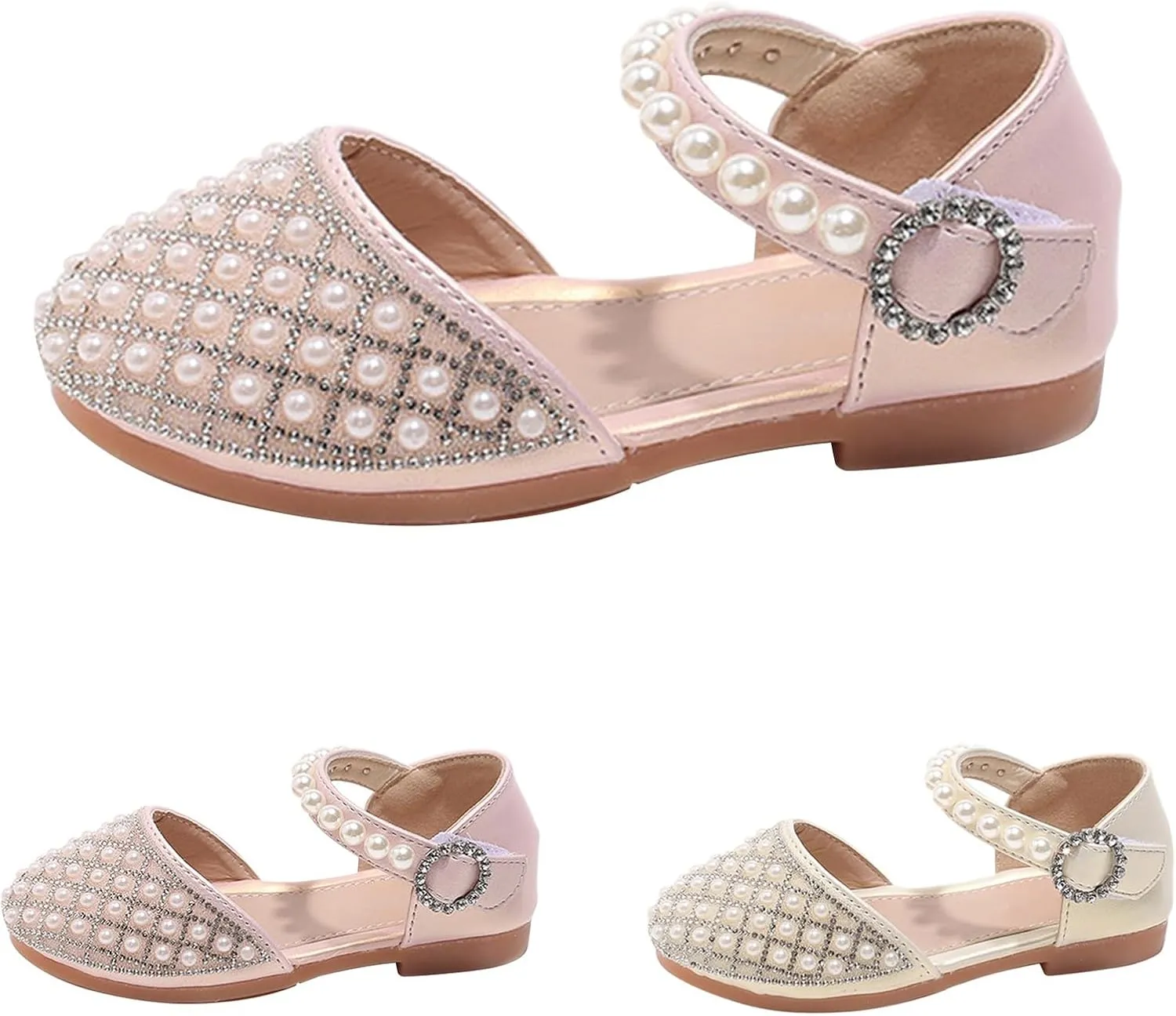 Girls Wedding Party Pearls Dress Sandals Kids Princess Low Heel Mary Jane Ankle Buckle Strap Formal Dressing Shoes