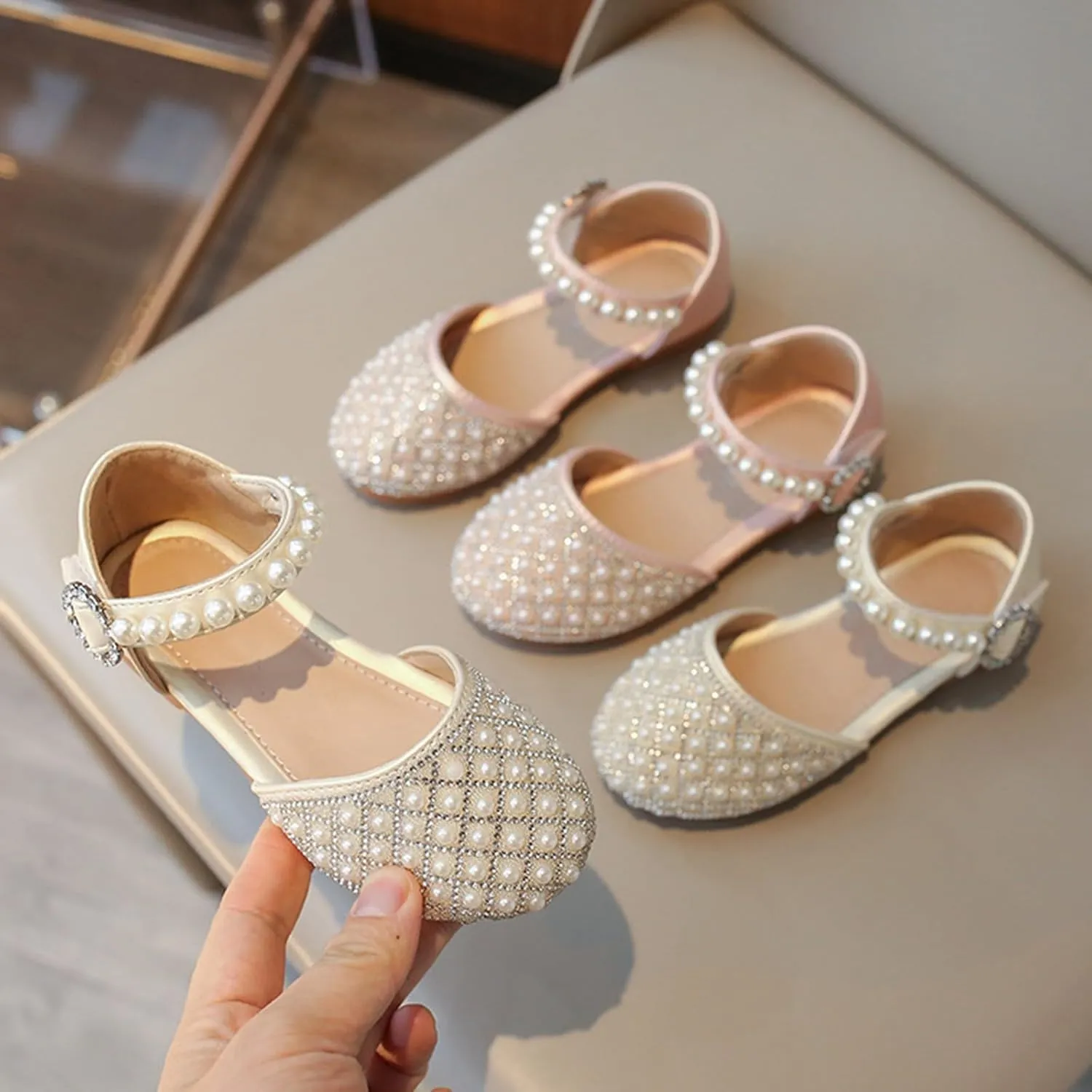 Girls Wedding Party Pearls Dress Sandals Kids Princess Low Heel Mary Jane Ankle Buckle Strap Formal Dressing Shoes