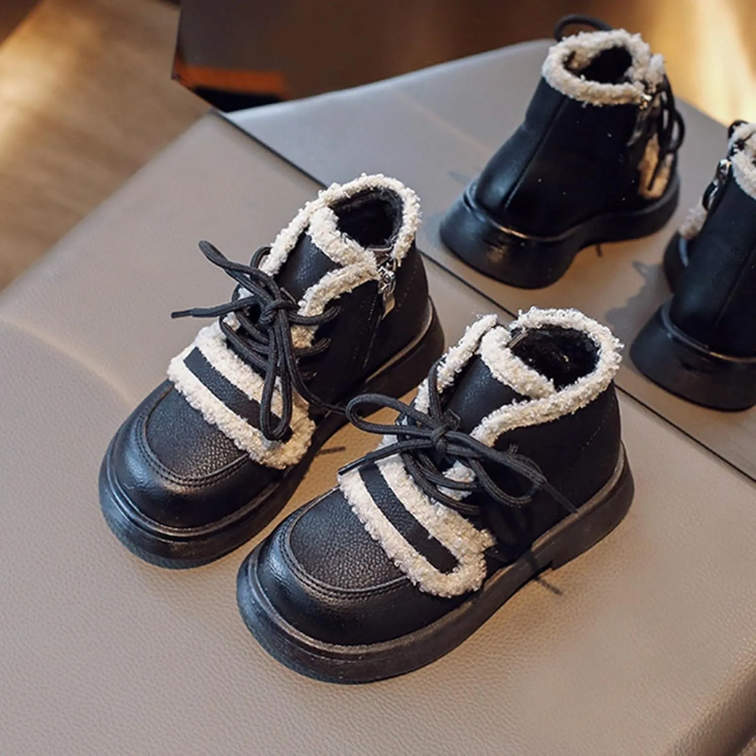 Girls Winter Water Proof Plush Booties Lace-up Non-Slip Platform Soft Sole Thick Faux Fr Tall Little Kid Winter Boot