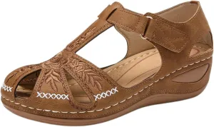 Gladiator Sandals for Women Comfortable Wide Width Lightweight Slides Sandals Hollow Out Closed Toe Wedge Sandals Retro Walking Shoes with Adjustable Hook And Loop