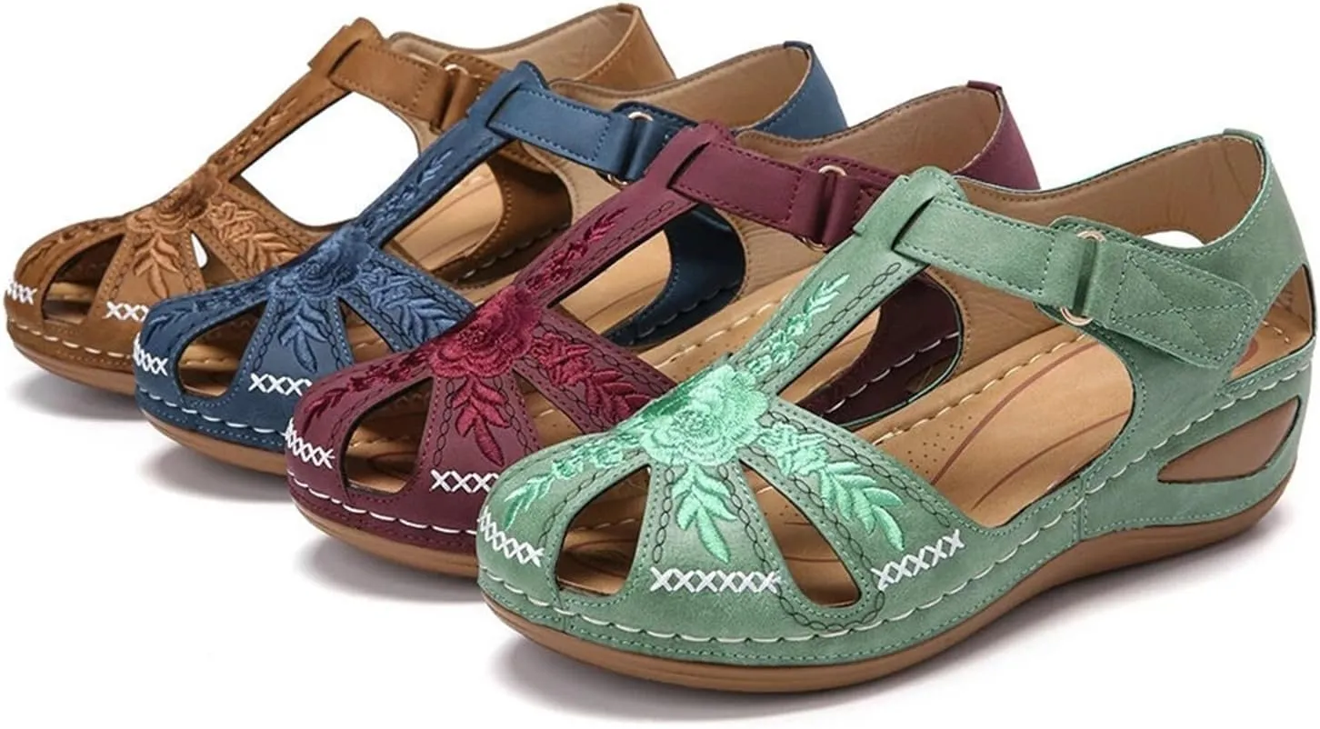 Gladiator Sandals for Women Comfortable Wide Width Lightweight Slides Sandals Hollow Out Closed Toe Wedge Sandals Retro Walking Shoes with Adjustable Hook And Loop