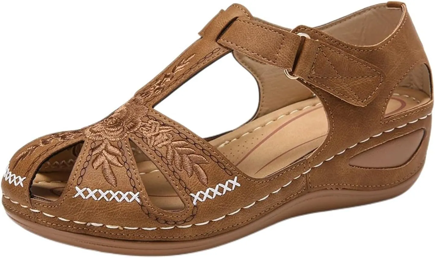 Gladiator Sandals for Women Comfortable Wide Width Lightweight Slides Sandals Hollow Out Closed Toe Wedge Sandals Retro Walking Shoes with Adjustable Hook And Loop