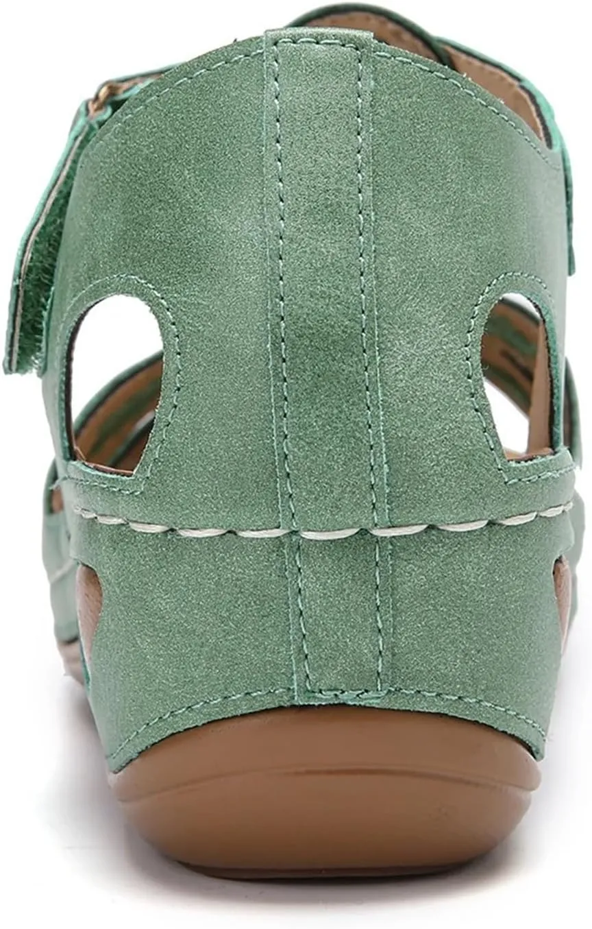 Gladiator Sandals for Women Comfortable Wide Width Lightweight Slides Sandals Hollow Out Closed Toe Wedge Sandals Retro Walking Shoes with Adjustable Hook And Loop