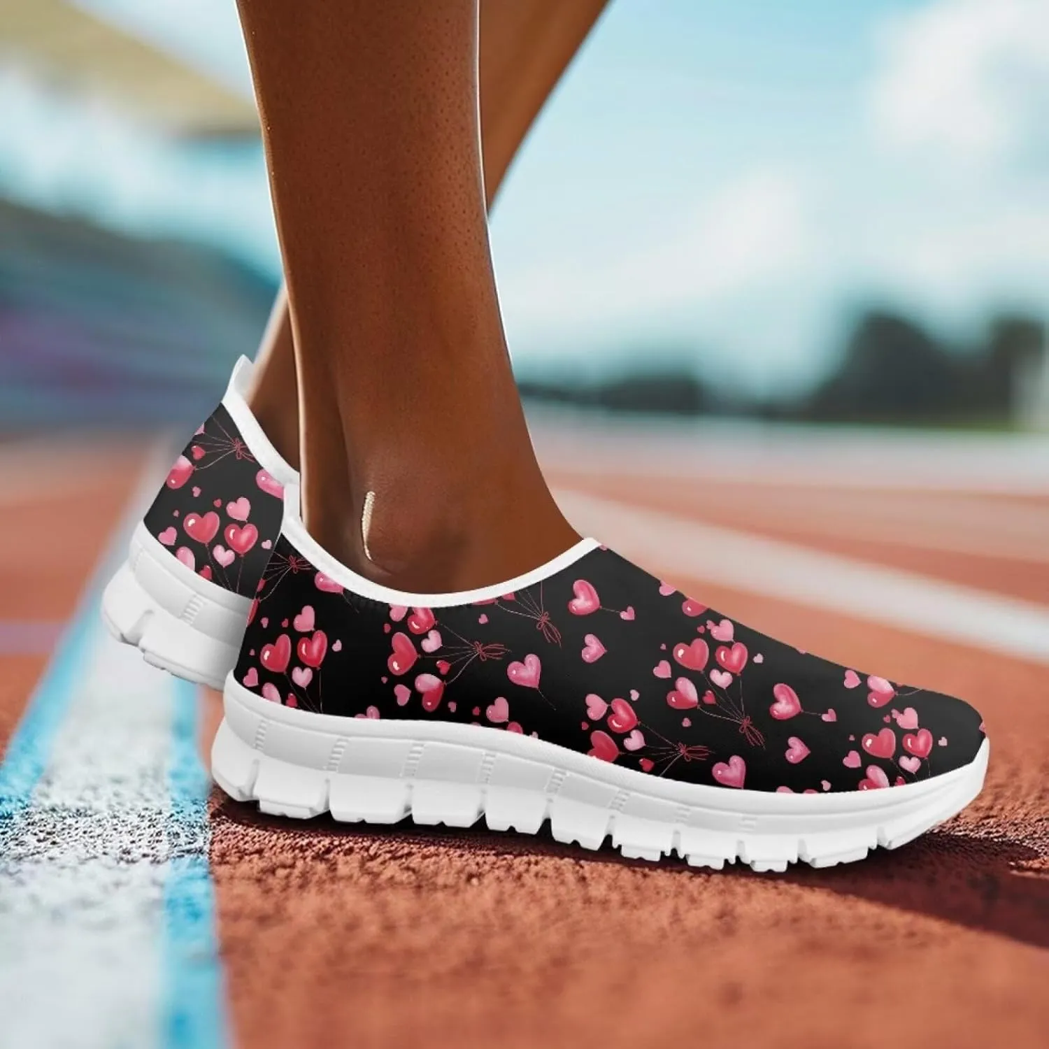 Heart Print Women's Running Shoes Slip On Sneakers Soft Loafers Low Top Non Slip Sports Walking Training Travel for Spring
