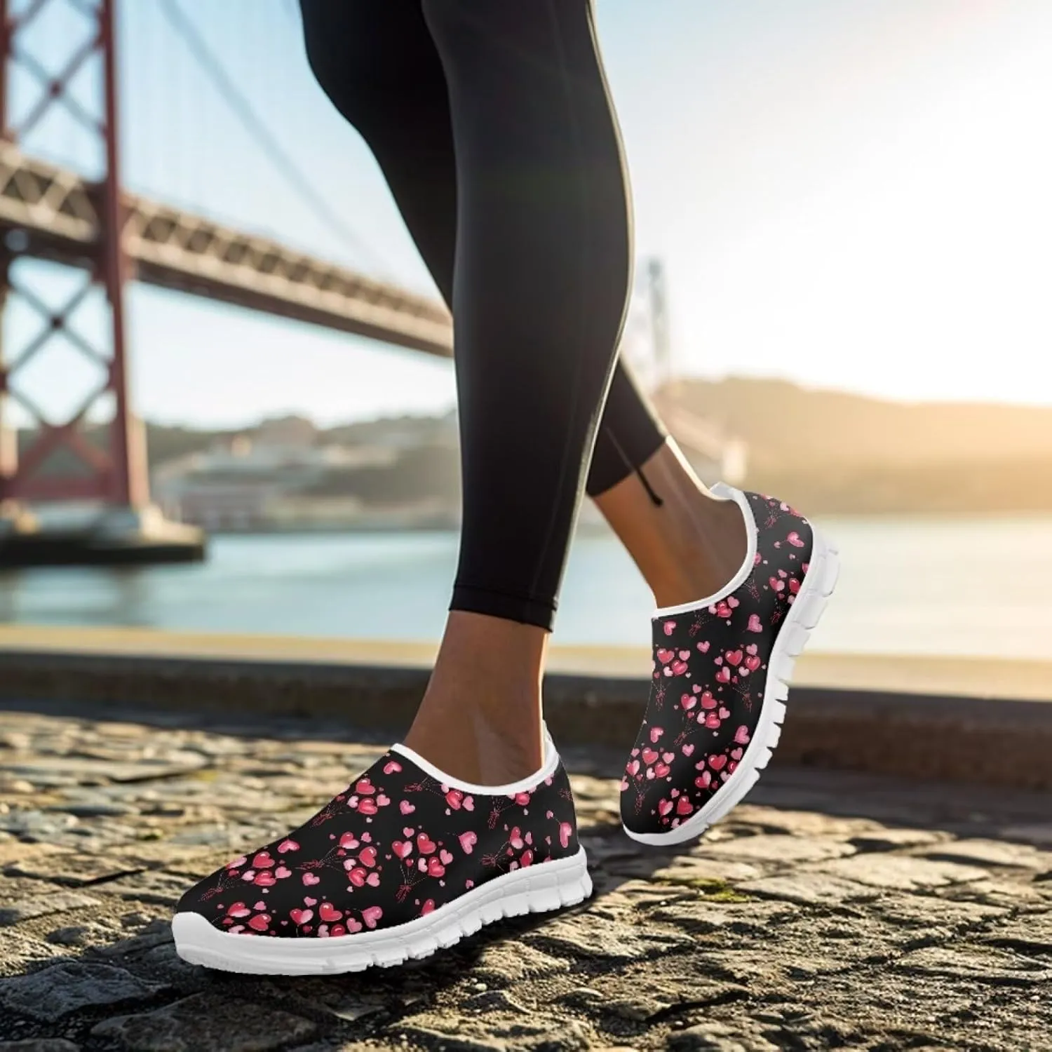 Heart Print Women's Running Shoes Slip On Sneakers Soft Loafers Low Top Non Slip Sports Walking Training Travel for Spring