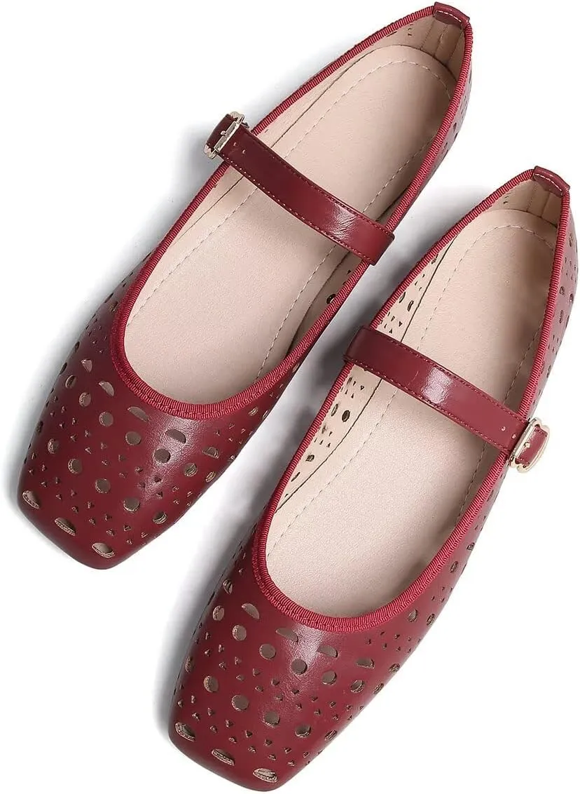 Hee grand Summer Hollow Out Ballet Flats for Women Fashion Square Toe Buckle Strap Mary Jane Flats Breathable Walking Shoes Soft Leather Dress Shoes