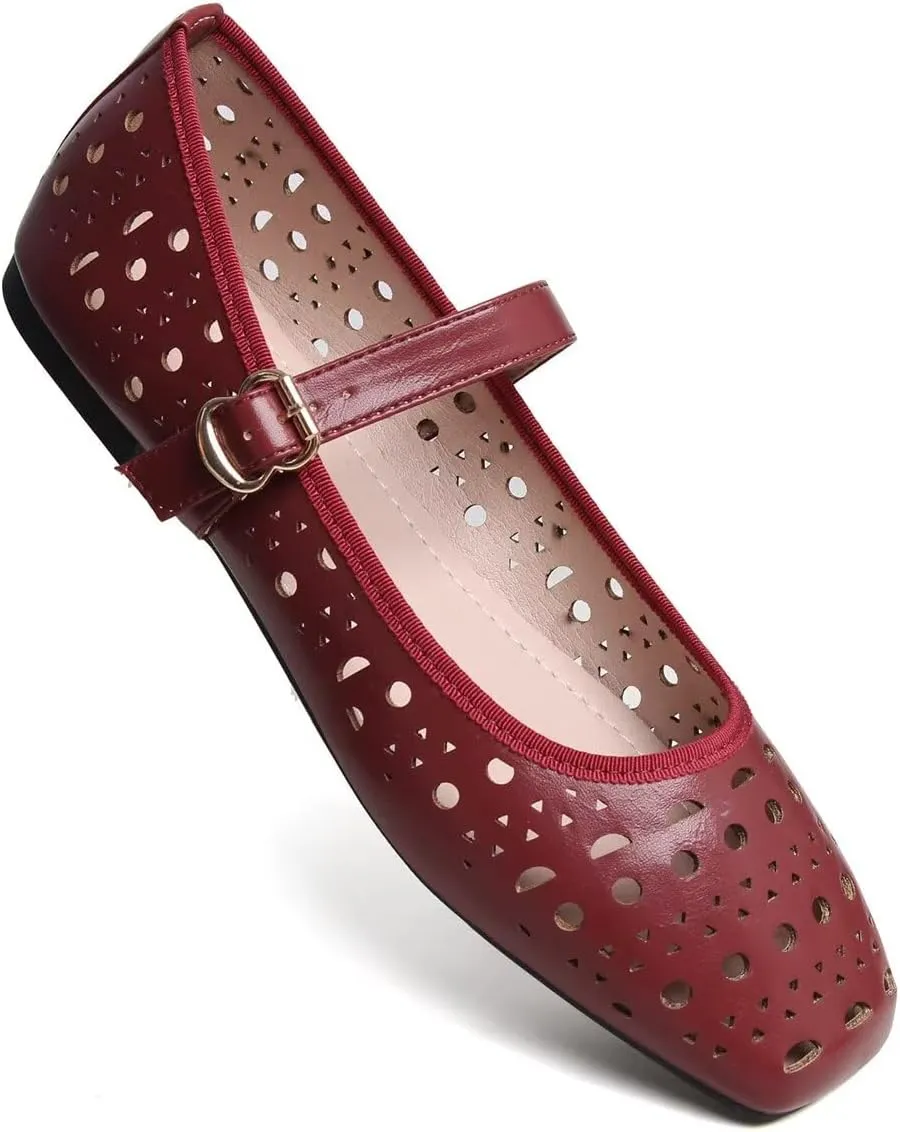 Hee grand Summer Hollow Out Ballet Flats for Women Fashion Square Toe Buckle Strap Mary Jane Flats Breathable Walking Shoes Soft Leather Dress Shoes