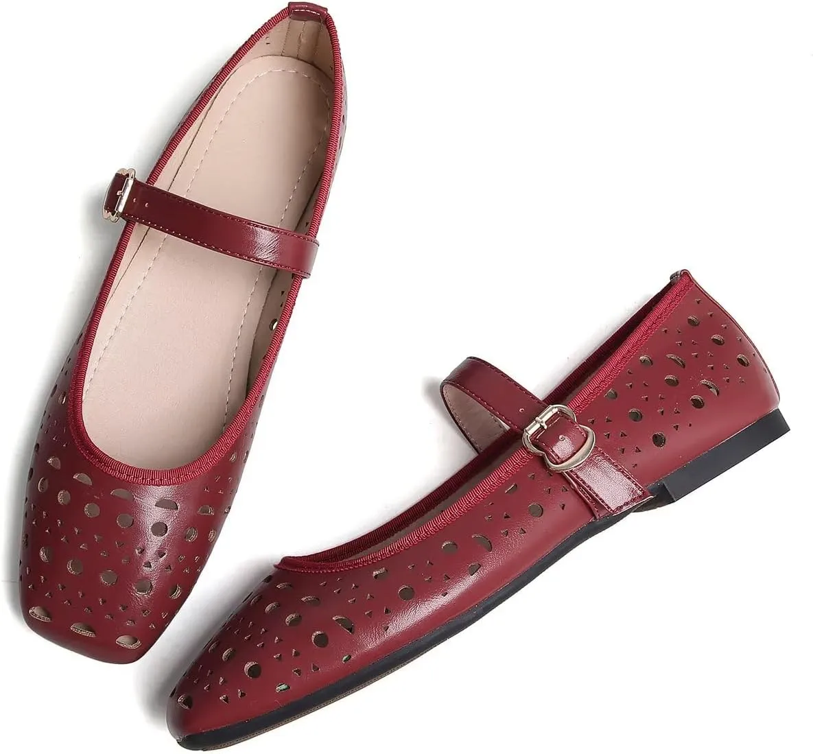 Hee grand Summer Hollow Out Ballet Flats for Women Fashion Square Toe Buckle Strap Mary Jane Flats Breathable Walking Shoes Soft Leather Dress Shoes