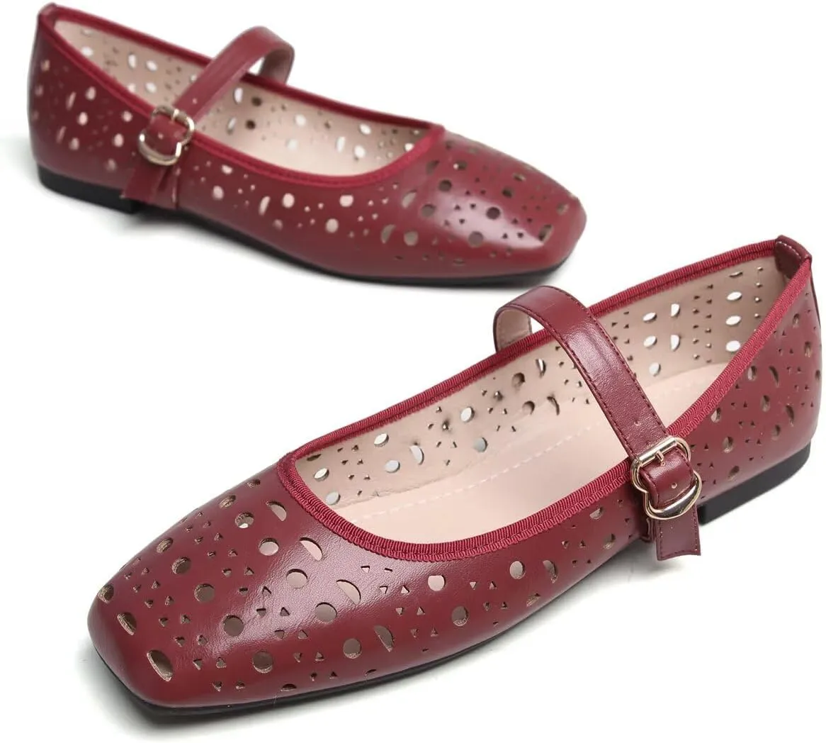 Hee grand Summer Hollow Out Ballet Flats for Women Fashion Square Toe Buckle Strap Mary Jane Flats Breathable Walking Shoes Soft Leather Dress Shoes