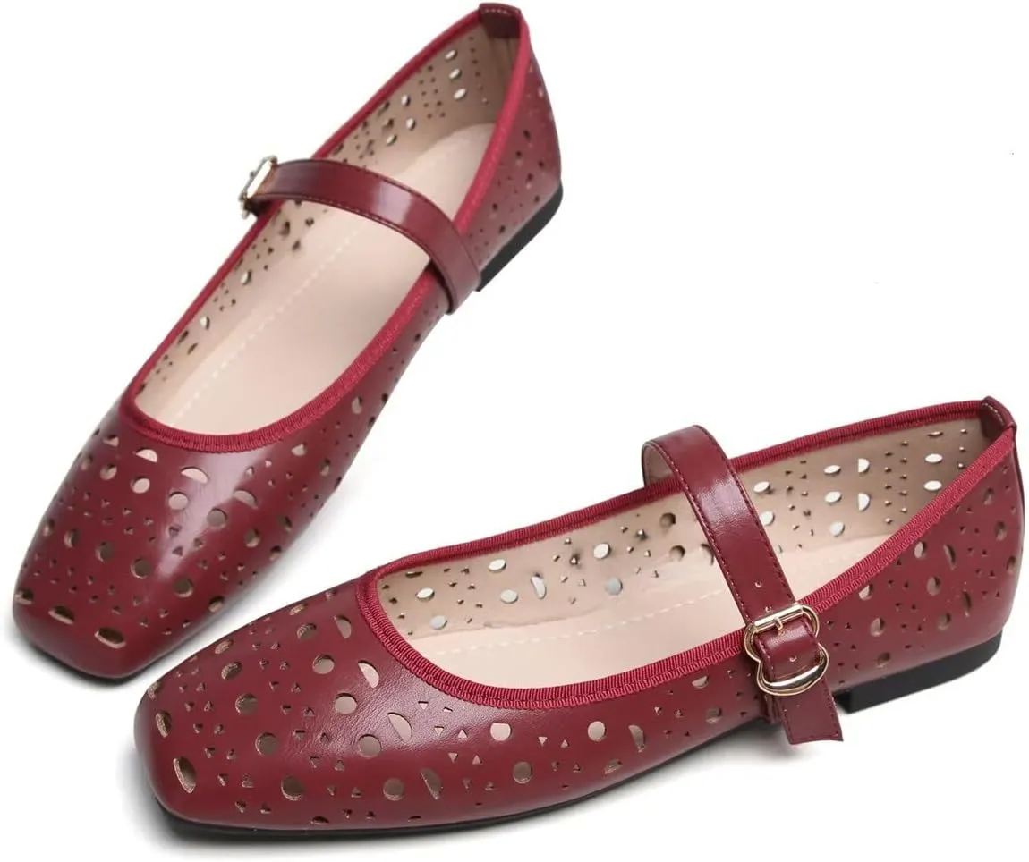 Hee grand Summer Hollow Out Ballet Flats for Women Fashion Square Toe Buckle Strap Mary Jane Flats Breathable Walking Shoes Soft Leather Dress Shoes