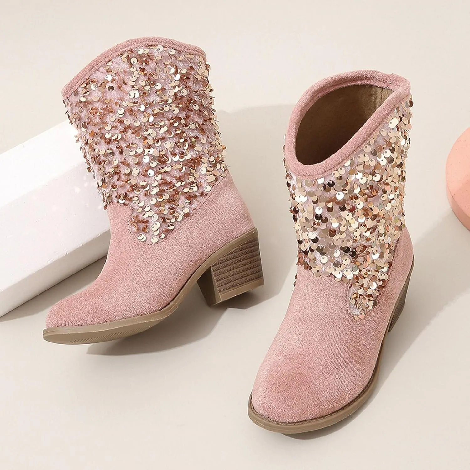 Kids Cowboy Boots Girls Fashion Glitter Mid Calf Western Cowgirl Boots Casual Sparkly Sequins Tassel Riding Shoes
